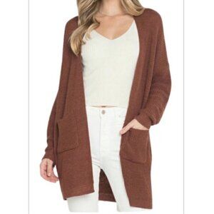Dreamers by Debut Ribbed Knit Open Cardigan Pockets Brick / Rust Red / Orange XS